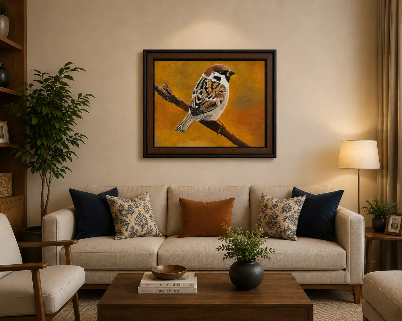 Golden Sparrow framed wildlife oil painting displayed as decorative wall art in a contemporary interior setting.