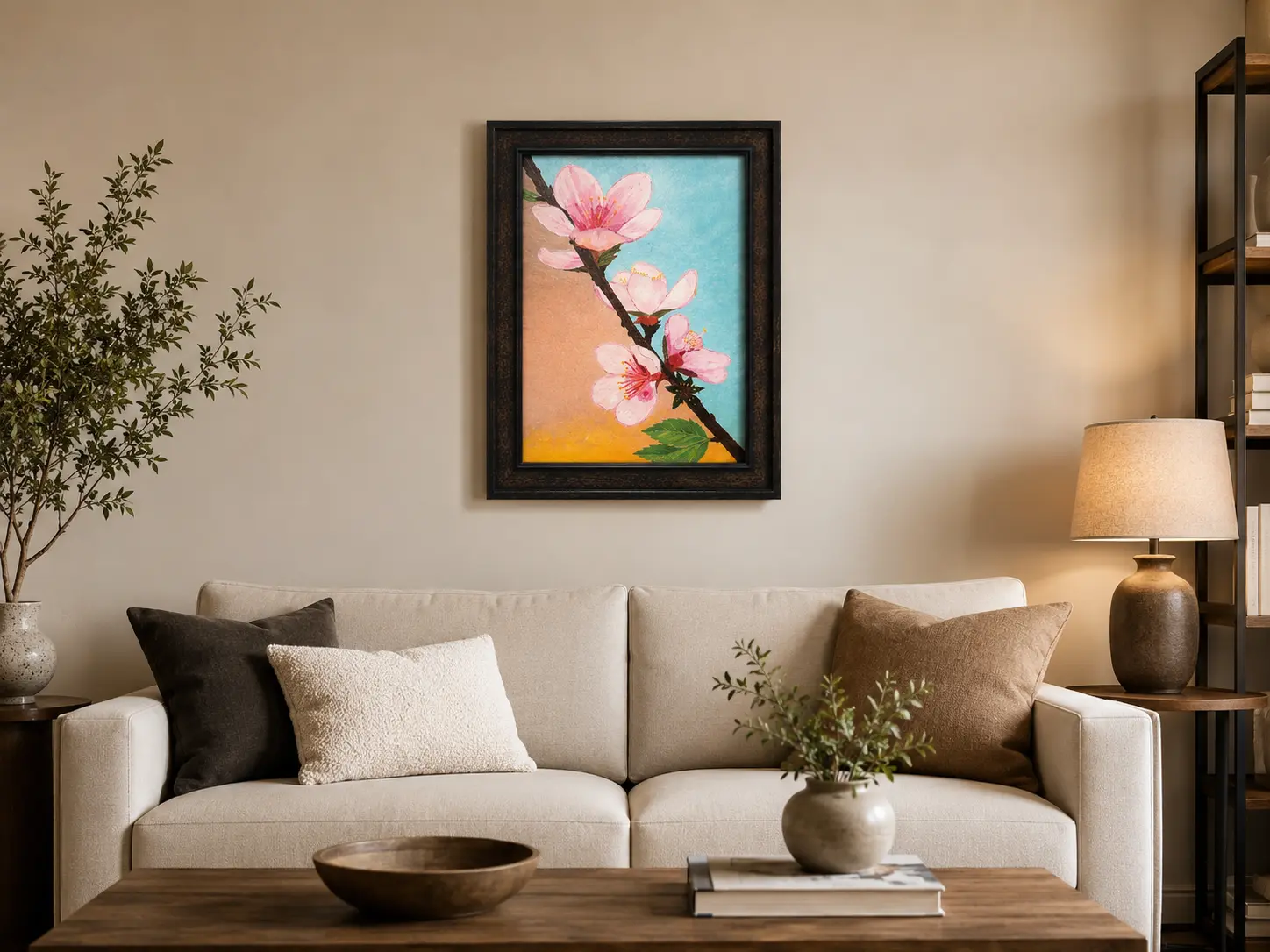 Spring Whisper framed floral oil painting displayed as elegant wall art in a contemporary interior setting.