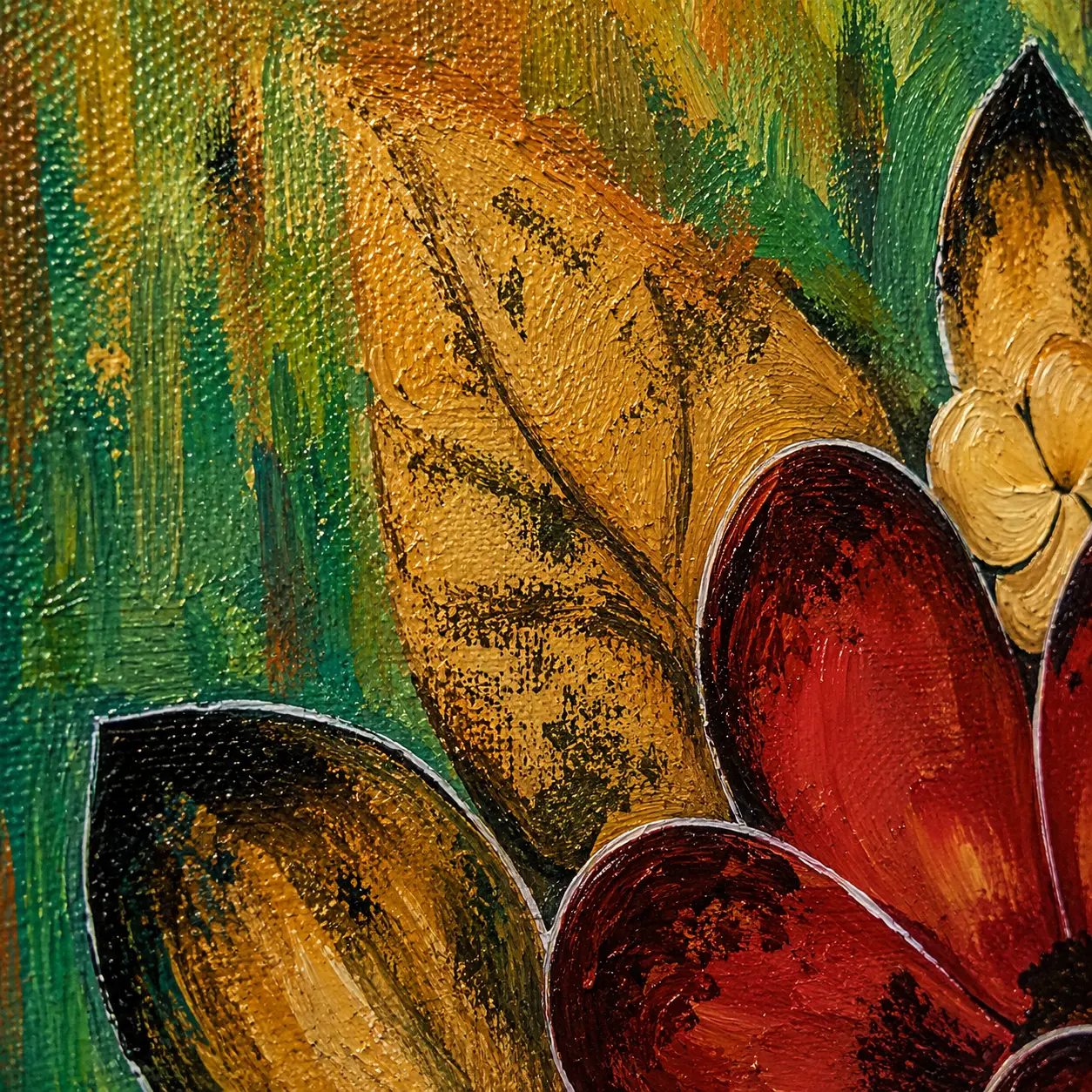 Macro brushstroke texture detail showcasing rich acrylic layering and sculptural floral accents in Silent Blossoms artwork