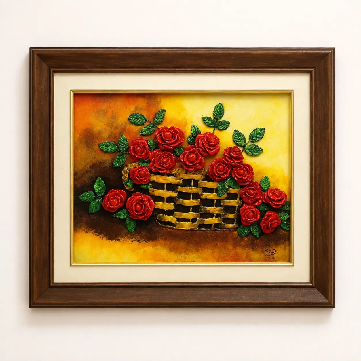Basket of Roses handcrafted clay relief artwork on canvas board featuring dimensional red roses in a woven basket with decorative wooden frame.