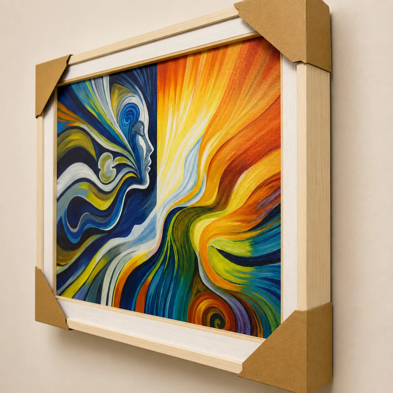 Side-angle view of Harmony of Light framed oil painting displaying canvas board depth, frame profile, and textured painted surface.