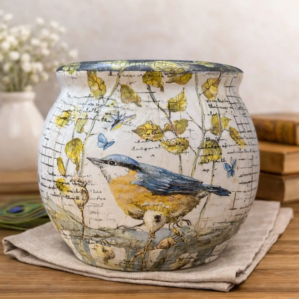 Vintage Bird Botanical Decoupage Ceramic Planter – 6.5" H × 4.5" D