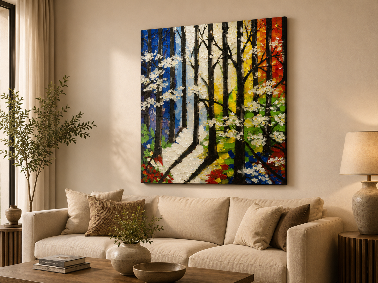 Path of Seasons texture artwork displayed as colorful statement wall décor in a contemporary interior setting.