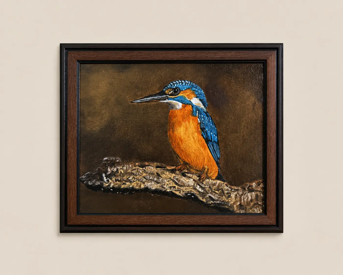 Kingfisher Perch original oil painting on 10 x 12 inch canvas board featuring a vibrant blue and orange kingfisher resting on a branch.