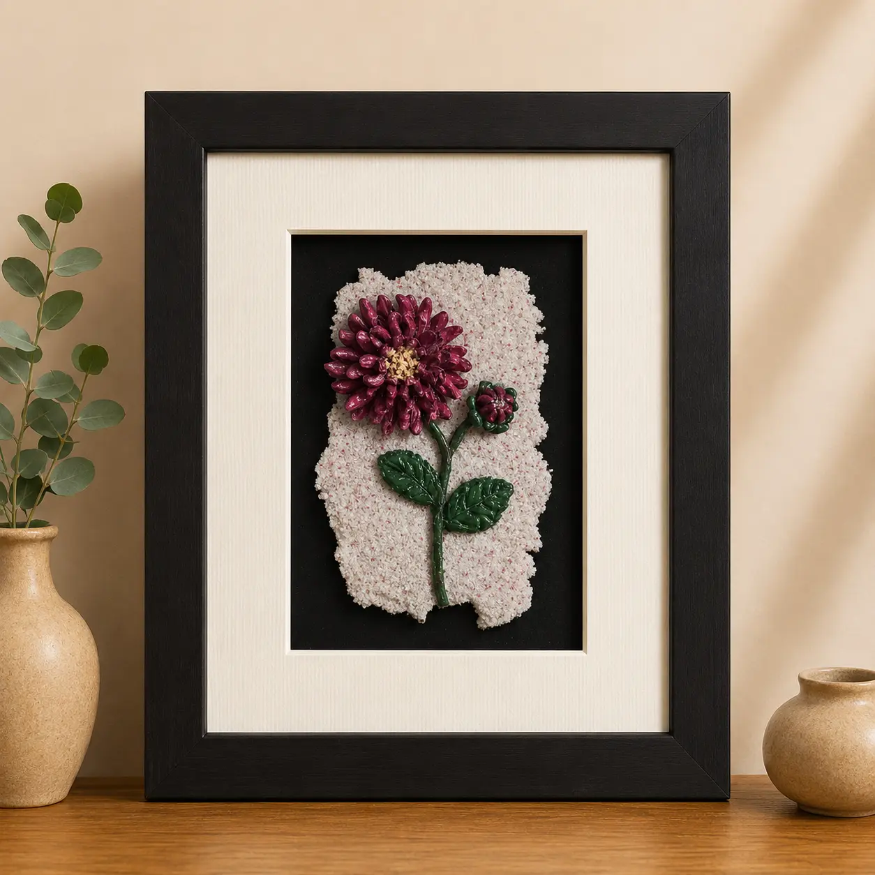 Plum Blossom handcrafted clay wall art with deep plum floral relief and textured neutral background
