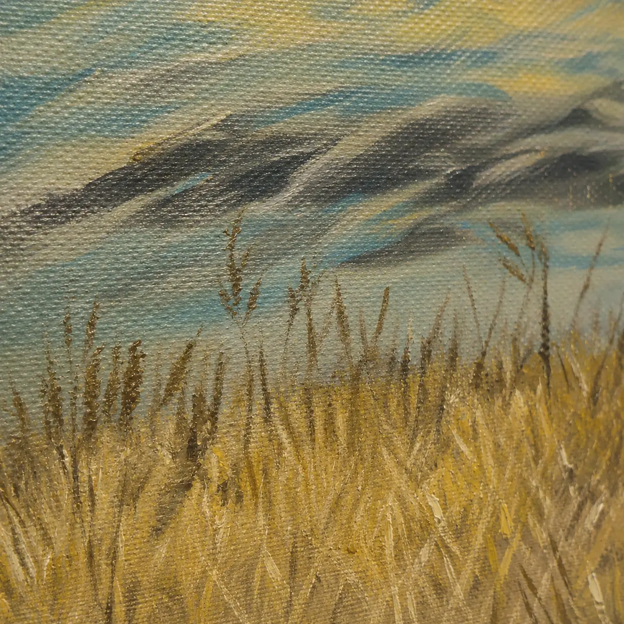Close-up view of rich oil paint textures and layered sunset colors in Guiding Steps custom oil painting.