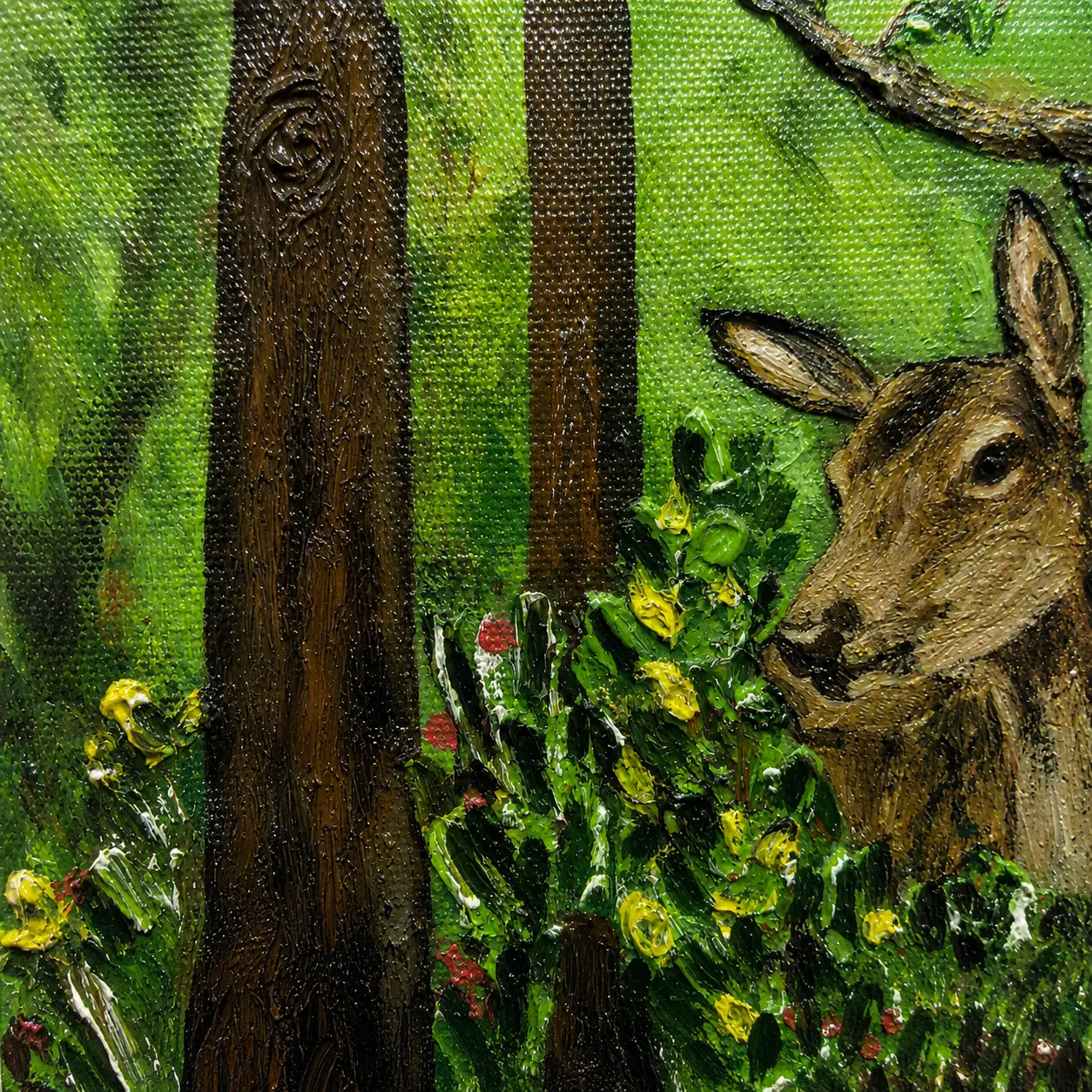 Detailed texture and brushstroke work showcasing woodland greenery, blossoms, and wildlife elements in Whispers of the Woodland.