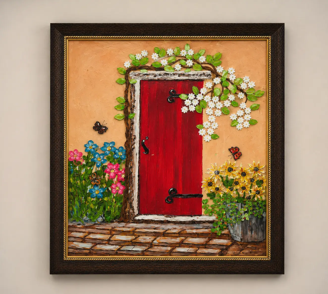 The Secret Garden Door handcrafted texture artwork on 24 x 20 inch canvas board featuring a vibrant red garden door surrounded by blooming flowers and dimensional floral details.