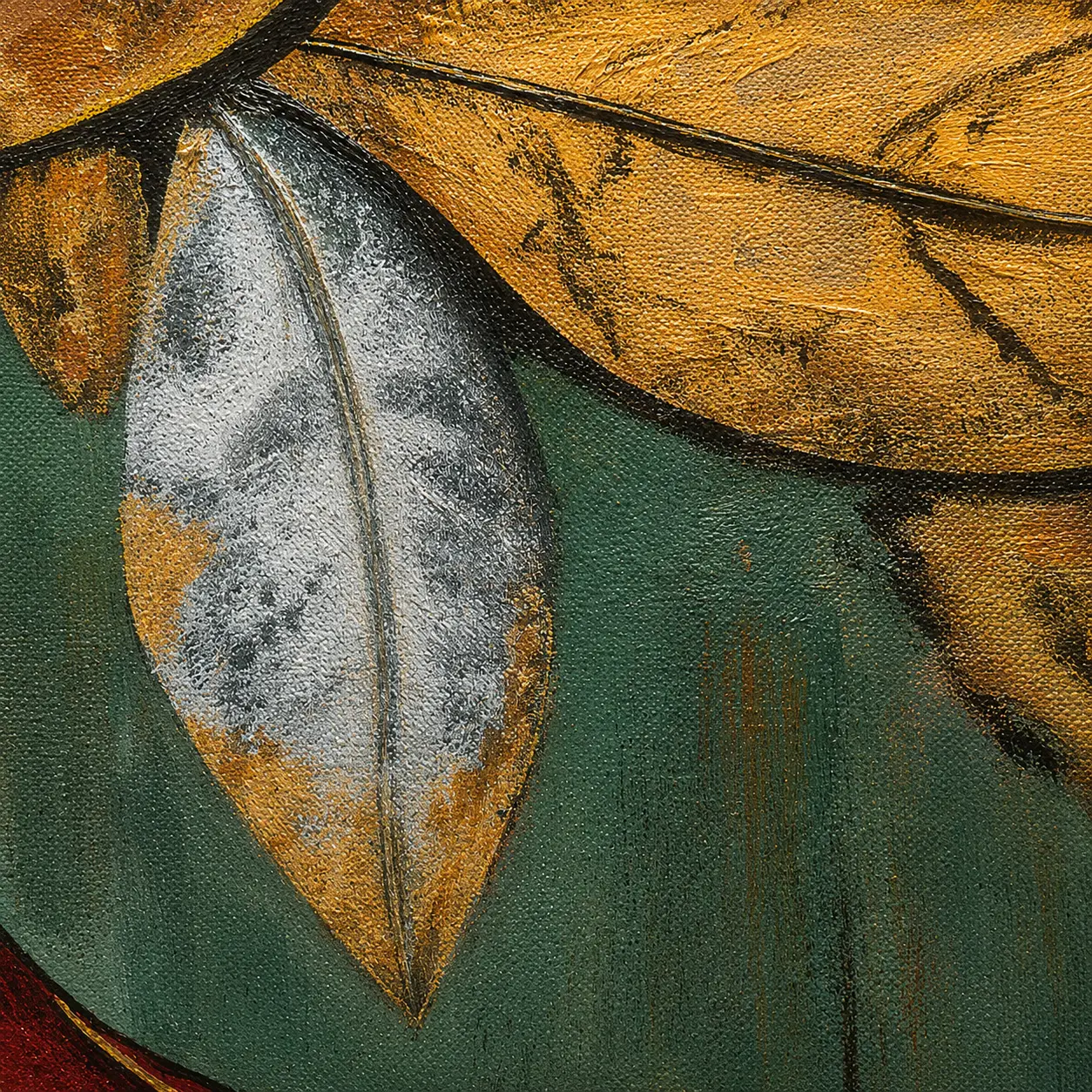 Macro brushstroke texture detail showcasing rich acrylic layering and ornamental floral elements in Floral Empress painting