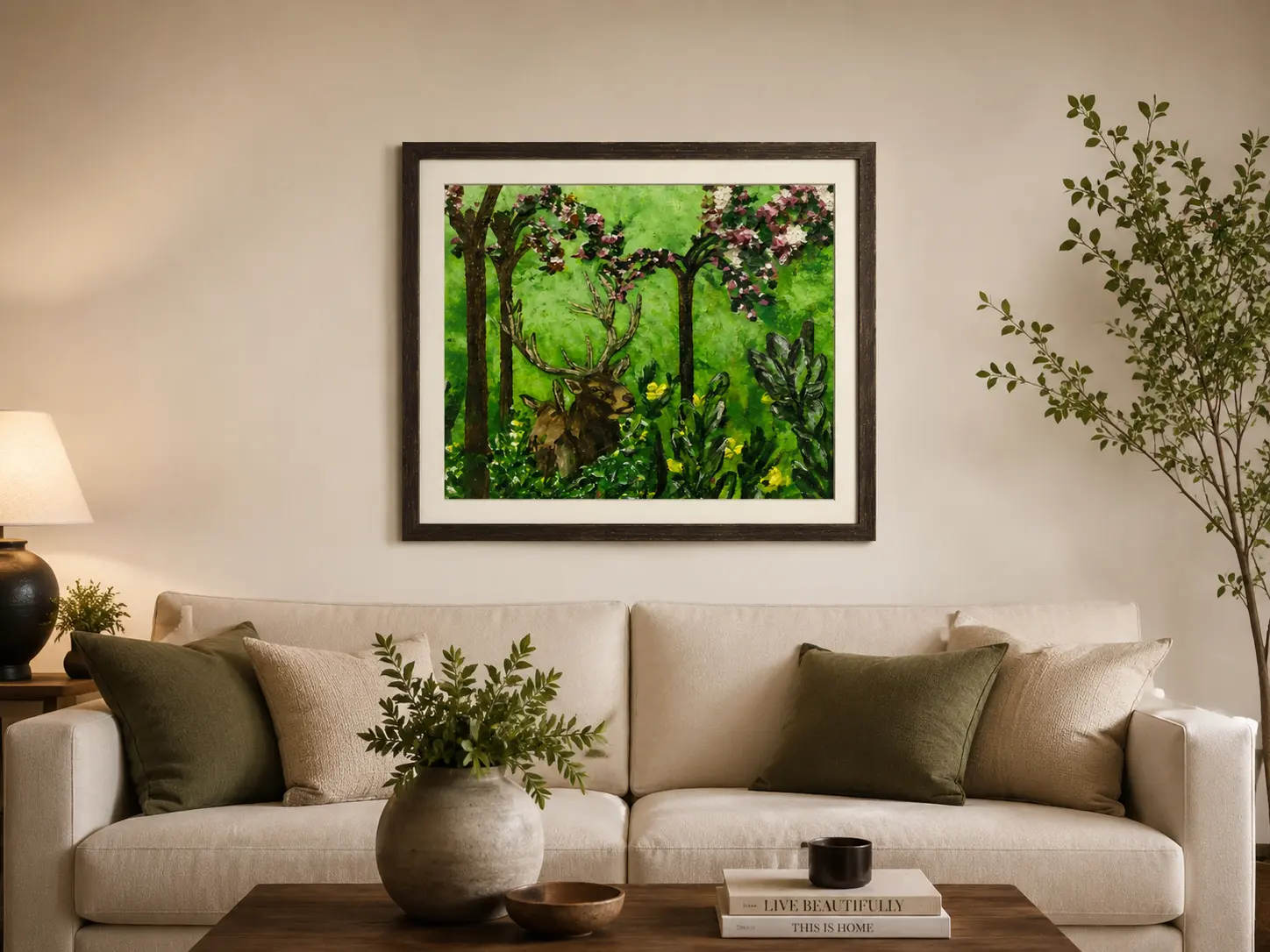 Whispers of the Woodland framed nature-inspired artwork displayed as decorative wall art in an elegant interior setting.