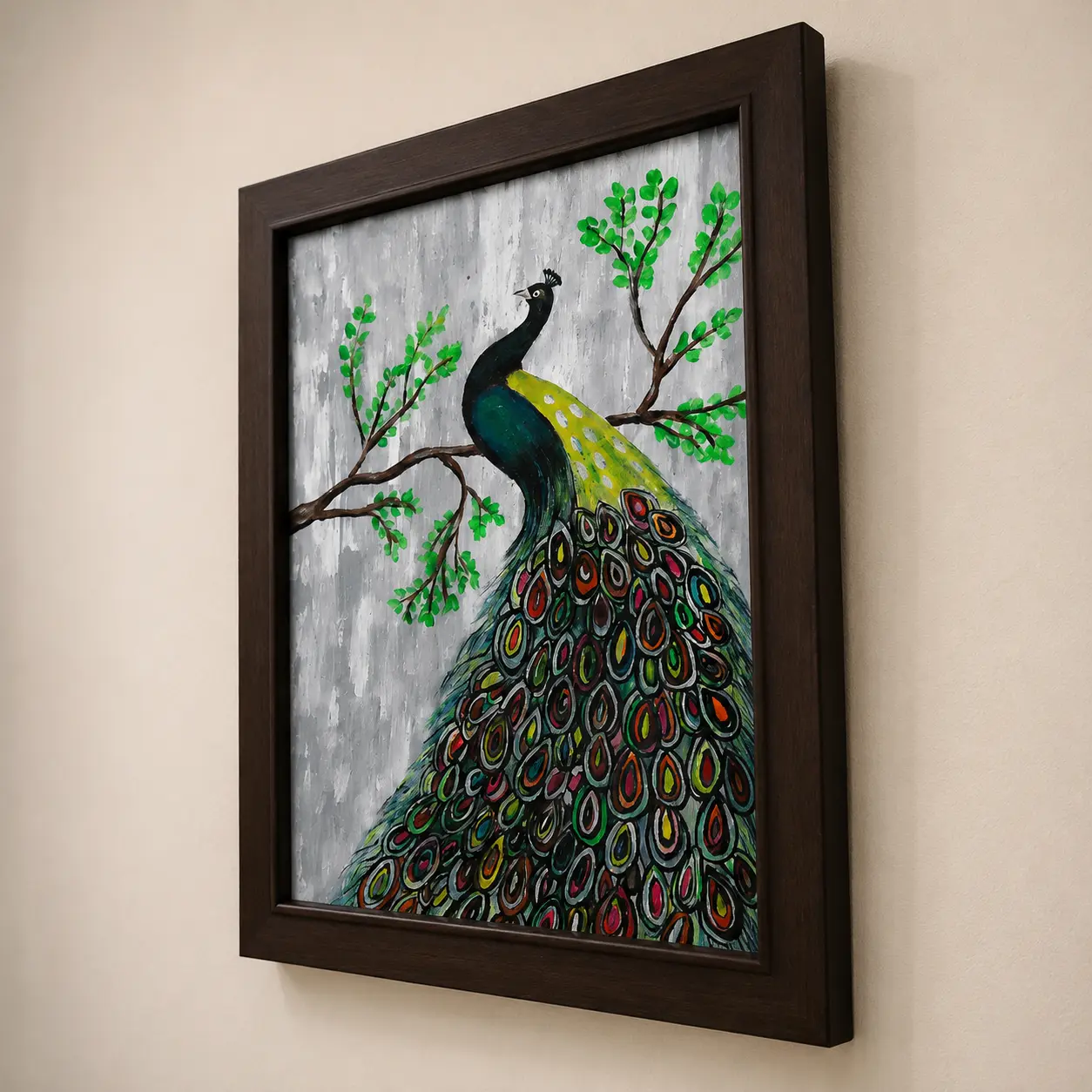 Side-angle view of Peacock Reverie framed acrylic painting displaying frame profile, canvas board depth, and painted texture.