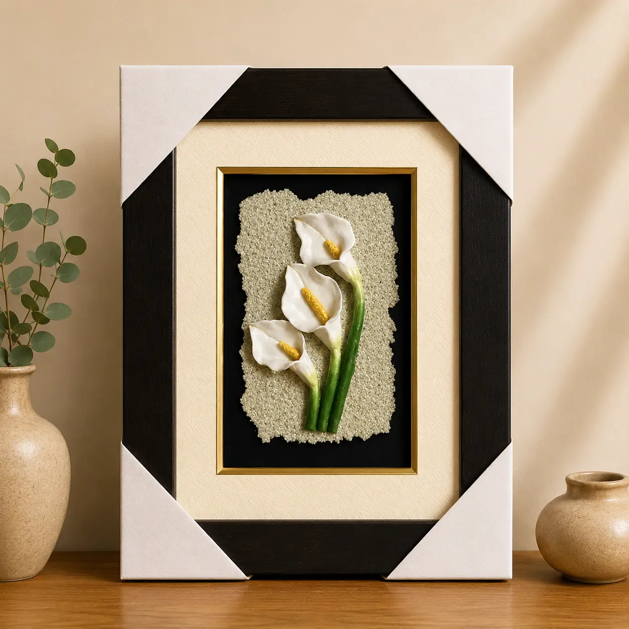 Ivory Calla handcrafted clay wall art with white calla lily floral relief and textured neutral background