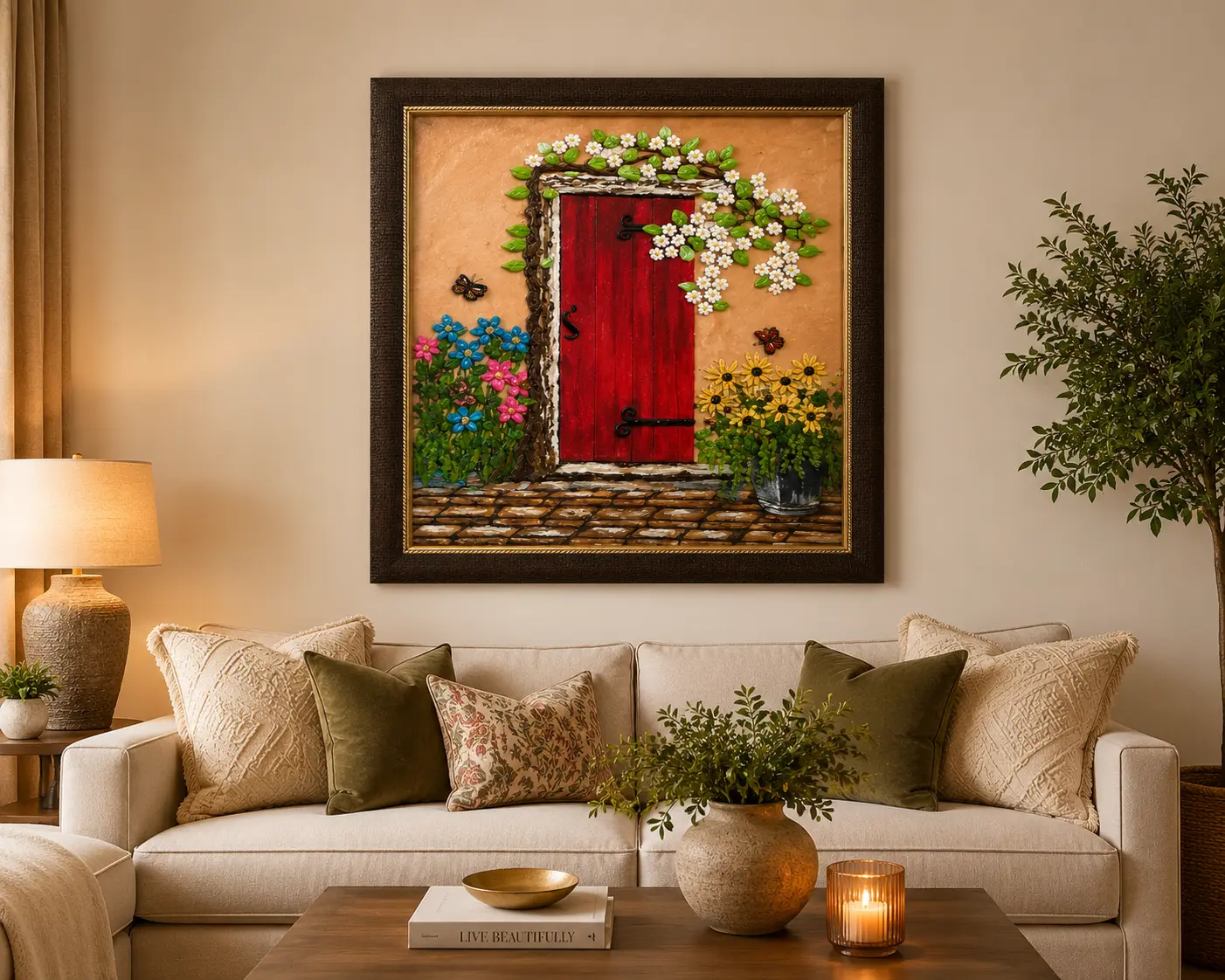The Secret Garden Door framed texture artwork displayed as elegant statement wall décor in a contemporary interior setting.