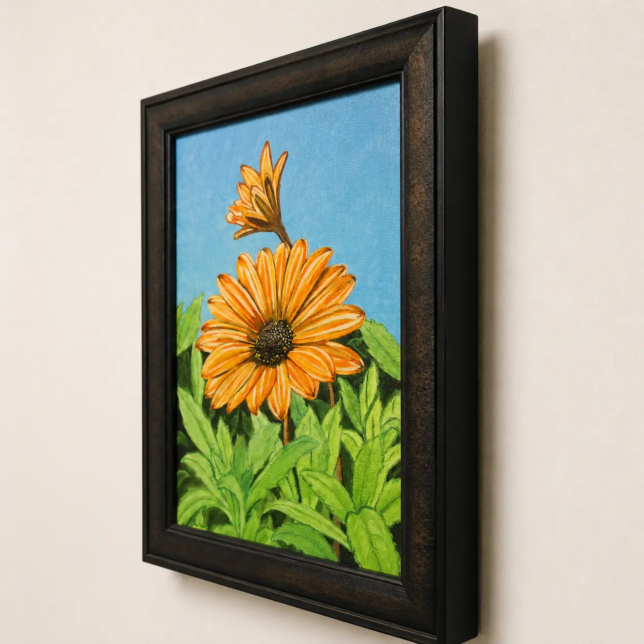 Side-angle view of Golden Bloom framed oil painting displaying frame profile, canvas board depth, and painted texture.