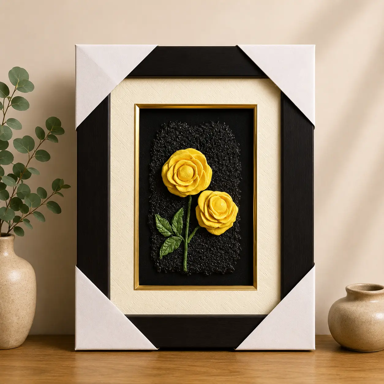 Golden Roses handcrafted clay wall art with yellow rose floral relief and textured dark background