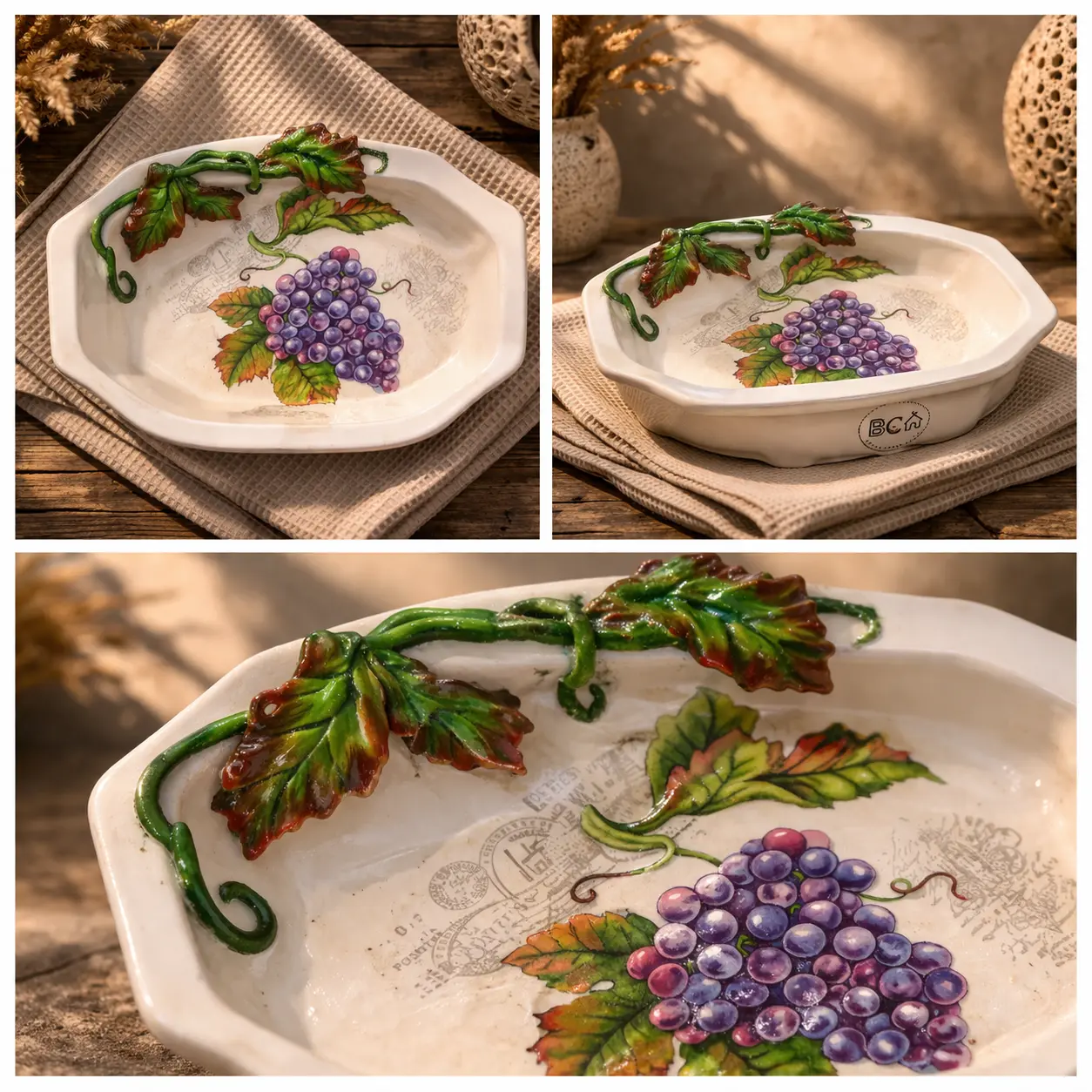 Vineyard Bloom Ceramic Bowl styled ceramic decor bowl with grape cluster artwork and handcrafted clay vine embellishments