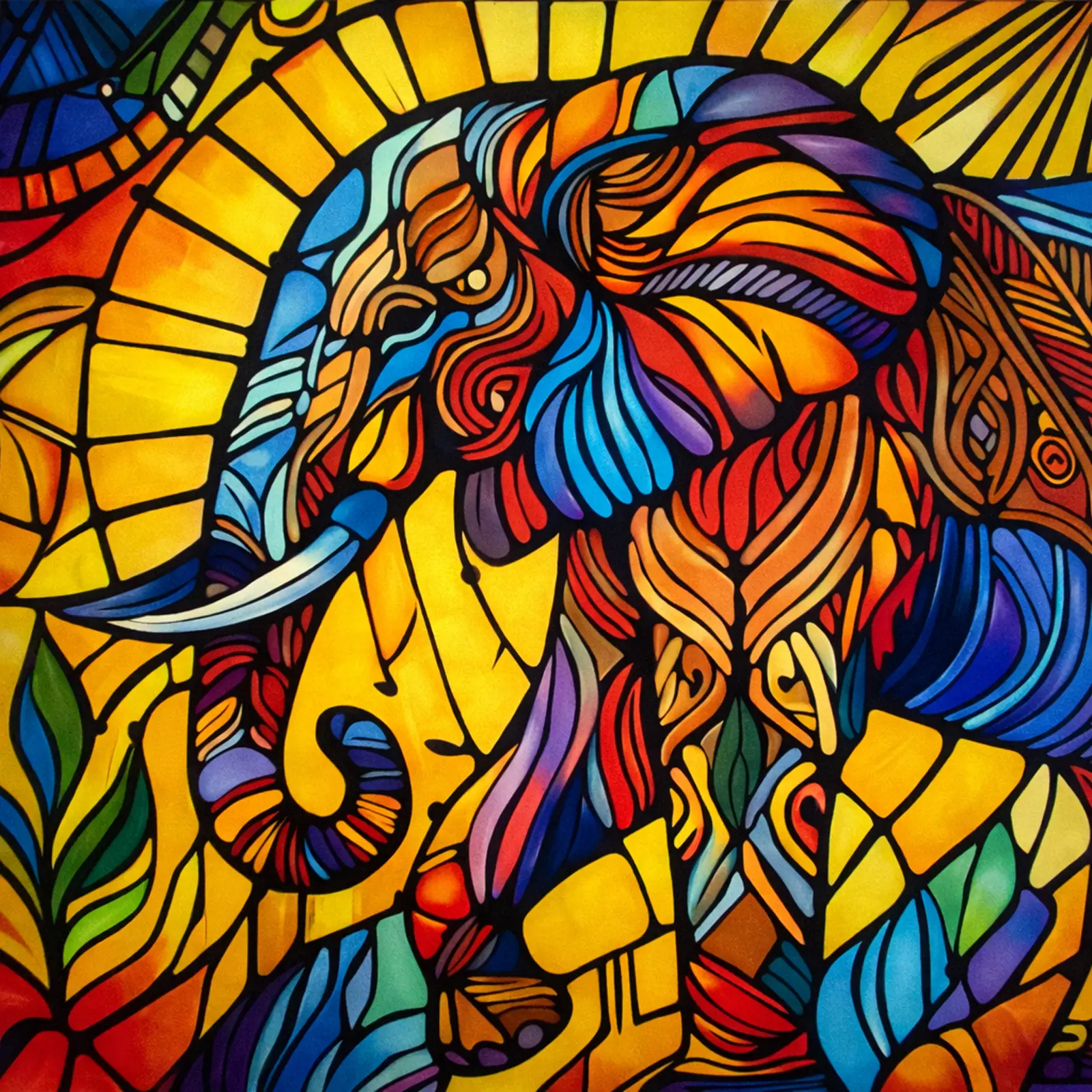 Timeless Wisdom abstract elephant painting on 38 x 38 inch canvas with stained-glass-inspired design and vibrant hand-painted details