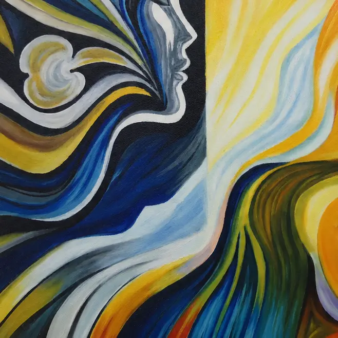 Detailed brushwork in Harmony of Light showcasing expressive oil painting techniques, flowing lines, and vibrant color blending.