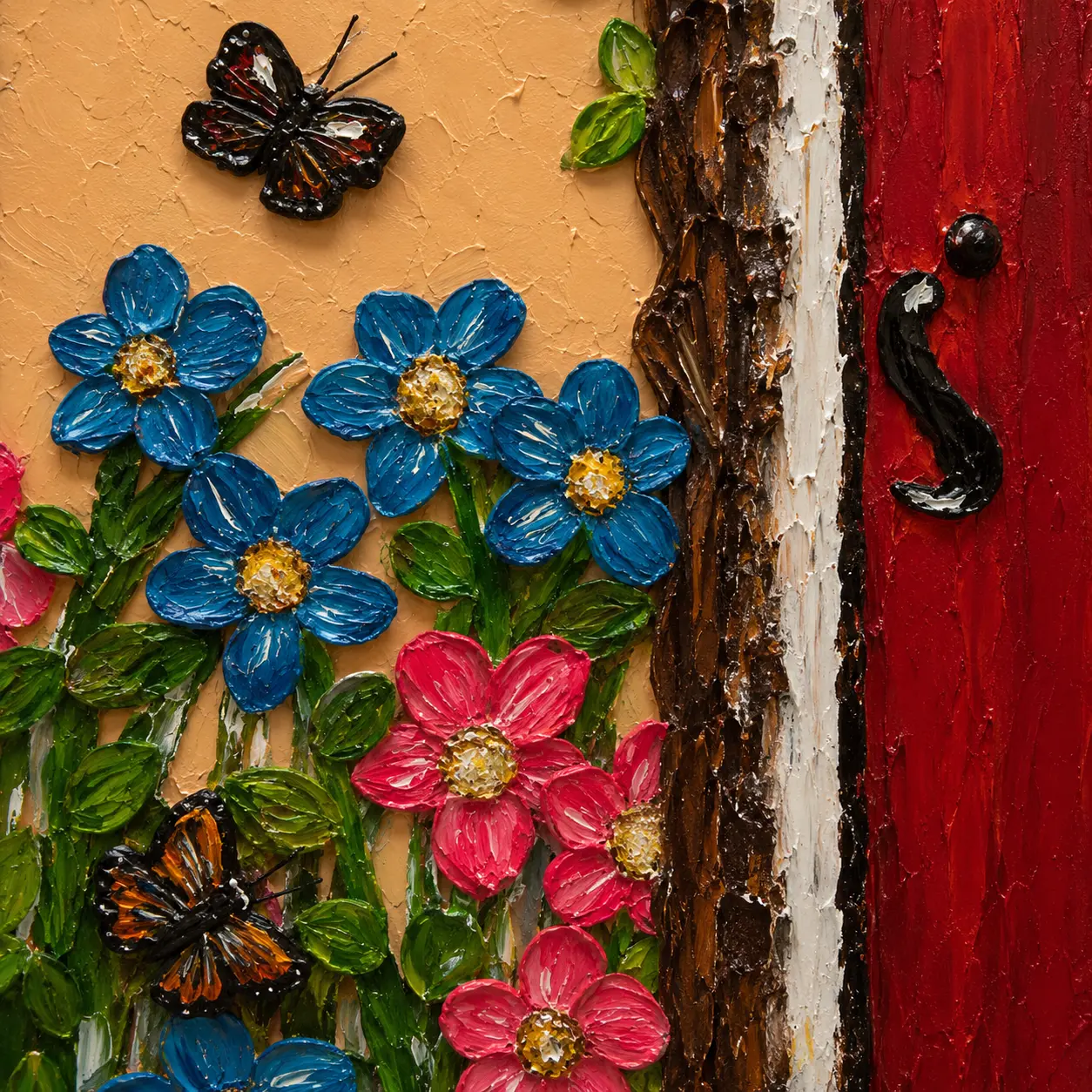 Detailed texture artwork showcasing layered flowers, foliage, butterflies, and architectural elements in The Secret Garden Door.