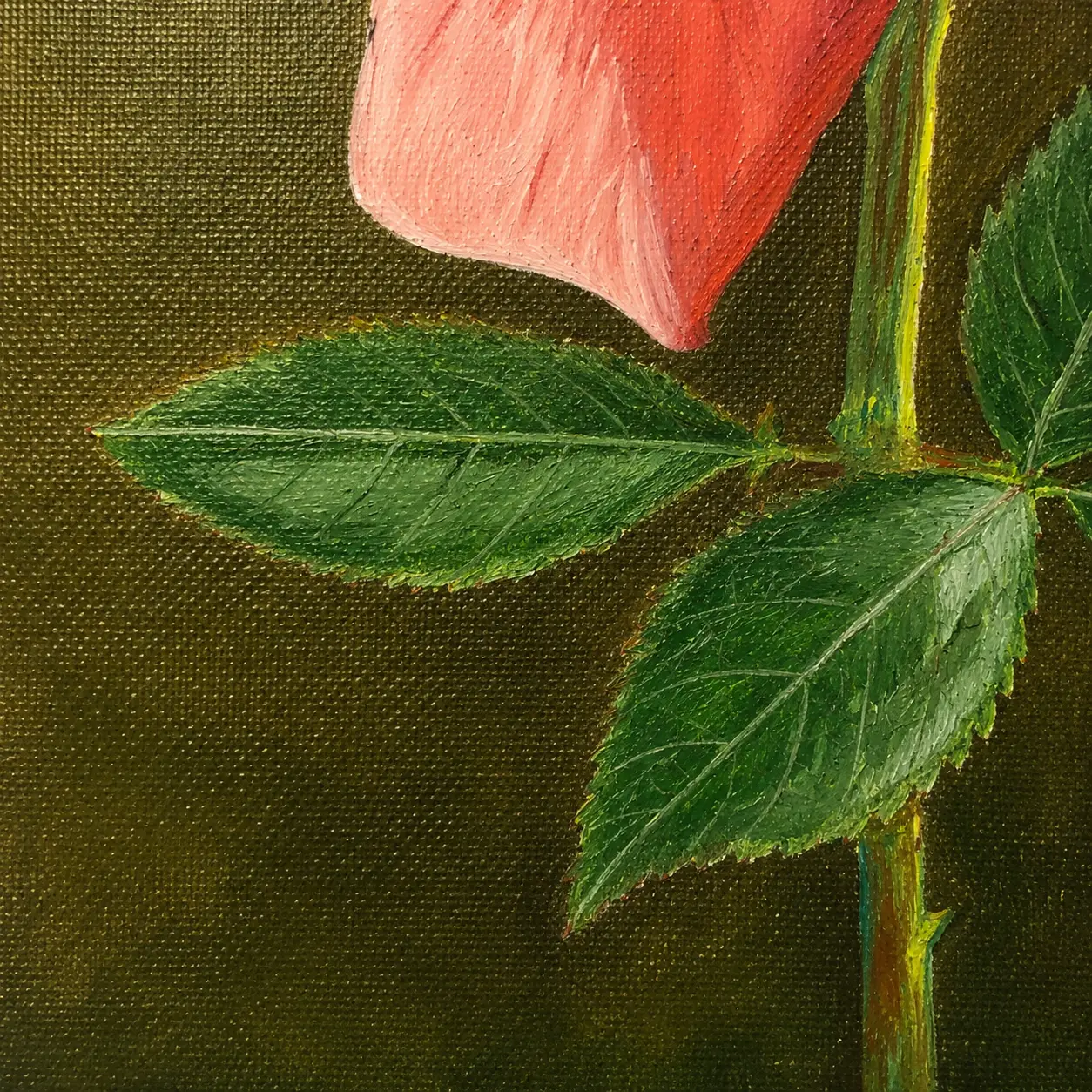 Close-up view of delicate oil brushwork and layered rose petals in Blush of Grace floral painting.