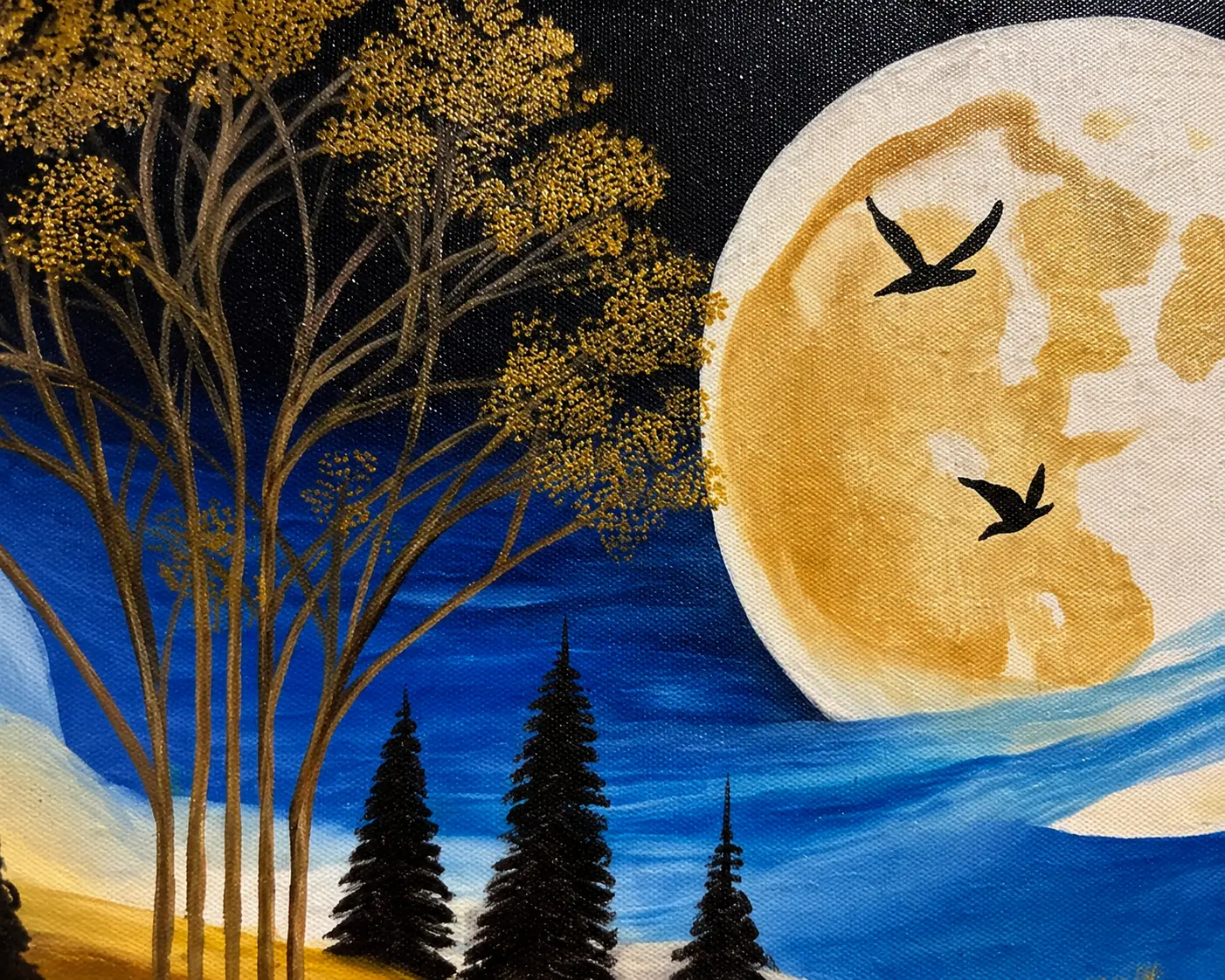 Close-up view of rich oil paint texture and layered brushwork in Moonlit Harmony landscape painting.