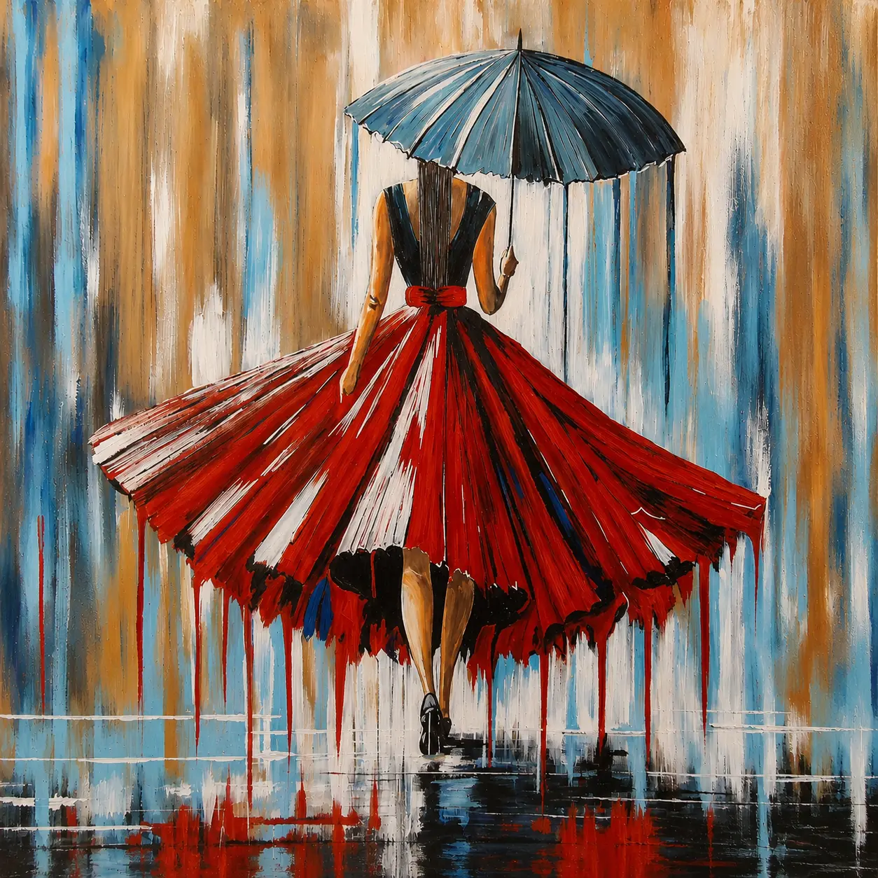 Crimson Reverie original acrylic painting on 38 x 38 inch canvas featuring a woman in a flowing crimson dress beneath an umbrella
