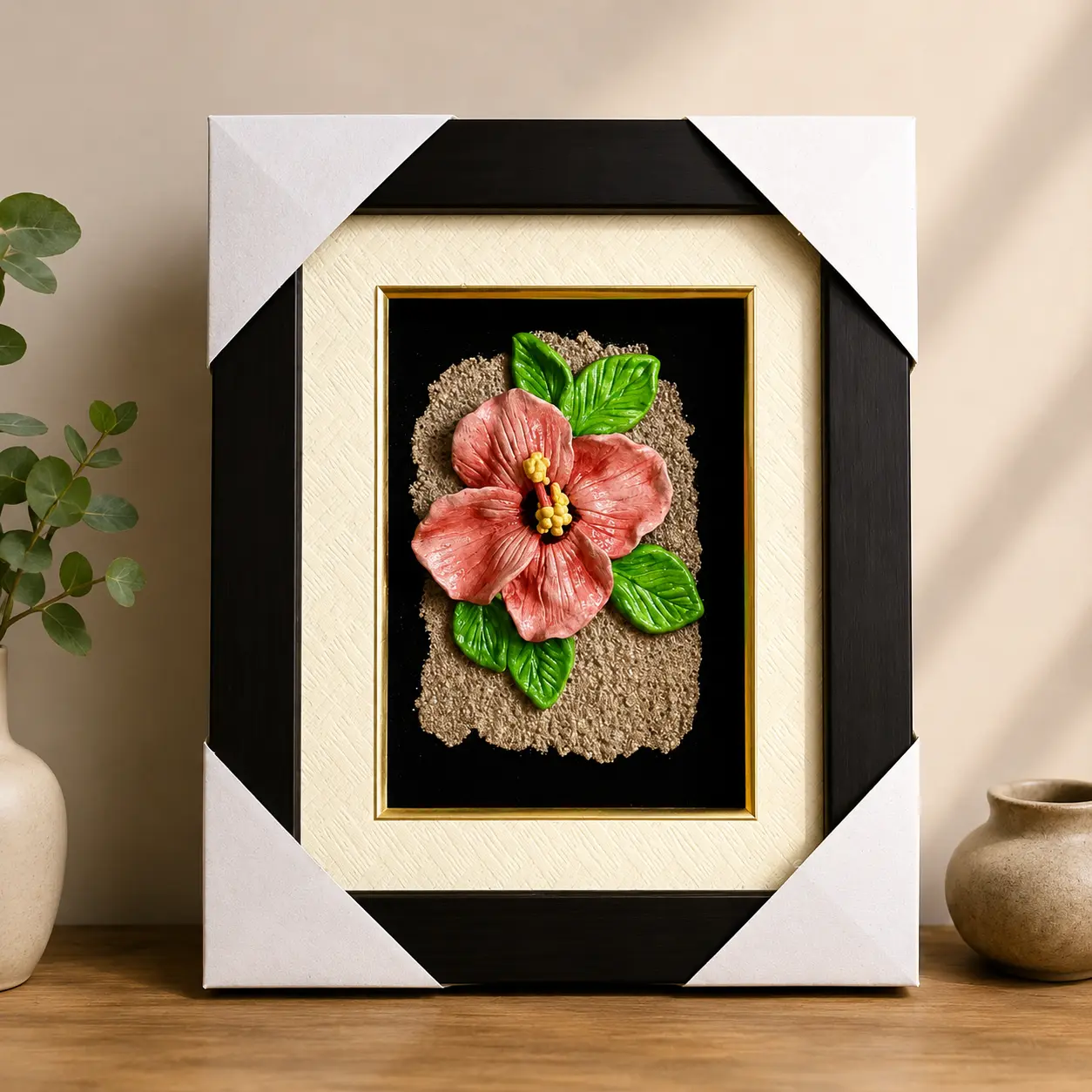 Blossom Relief handcrafted clay wall art with pink floral relief design in framed decor setting
