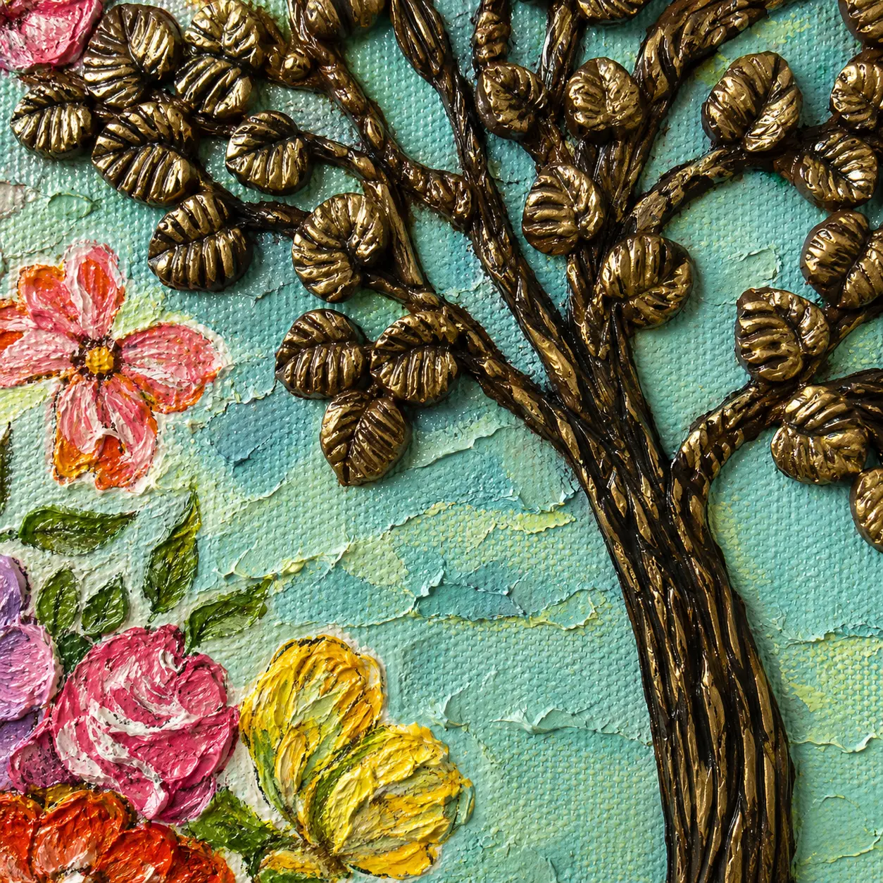 Detailed texture artwork showcasing layered flowers, butterflies, and sculpted tree details in Blooming Serenity.