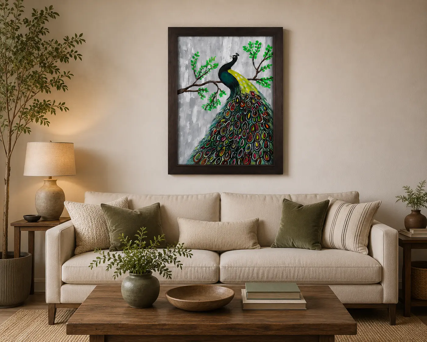 Peacock Reverie framed peacock acrylic painting displayed as elegant wall art in a contemporary interior setting.