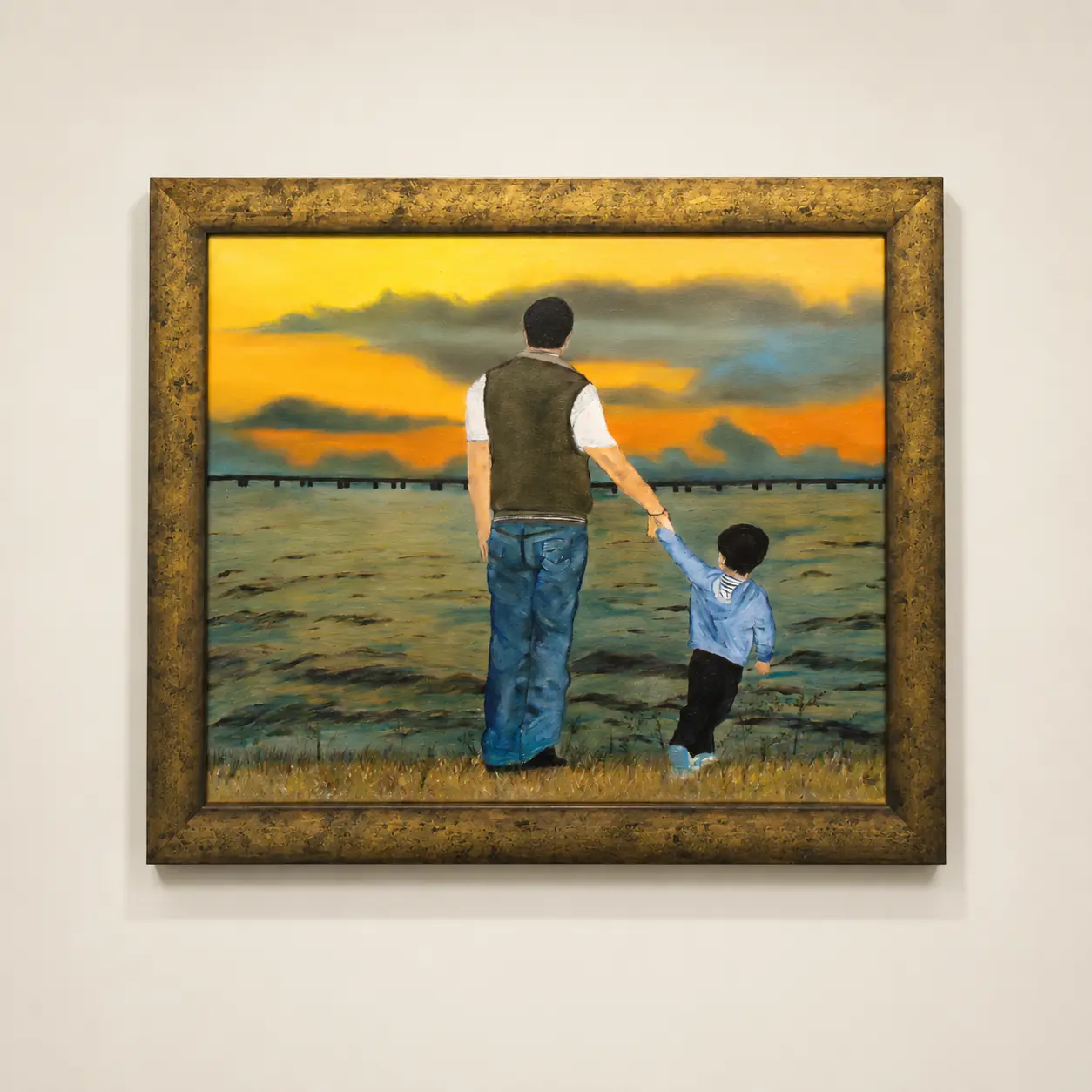 Guiding Steps original oil painting on 19 x 24 inch canvas board featuring a parent and child walking hand in hand beneath a dramatic sunset sky.