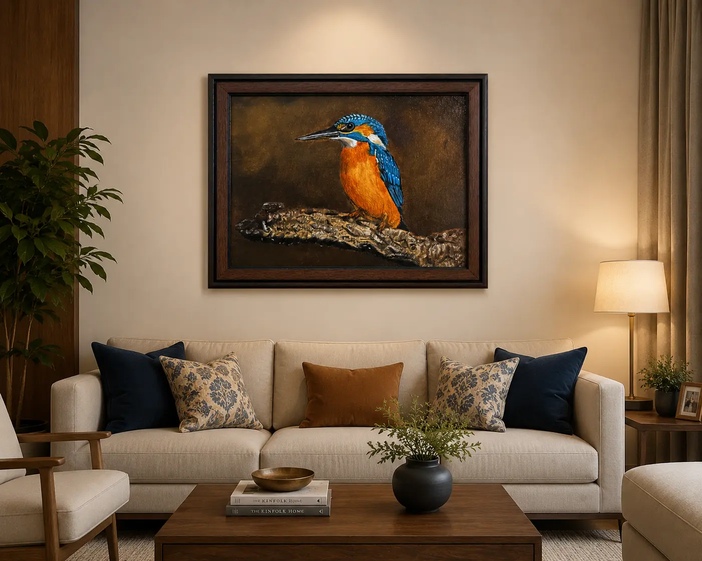 Kingfisher Perch framed wildlife oil painting displayed as decorative wall art in a contemporary interior setting.