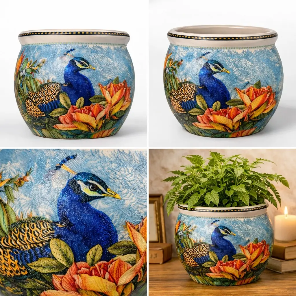 Handmade Peacock Decoupage Ceramic Planter – Decorative Indoor Plant Pot by Billy Craft House