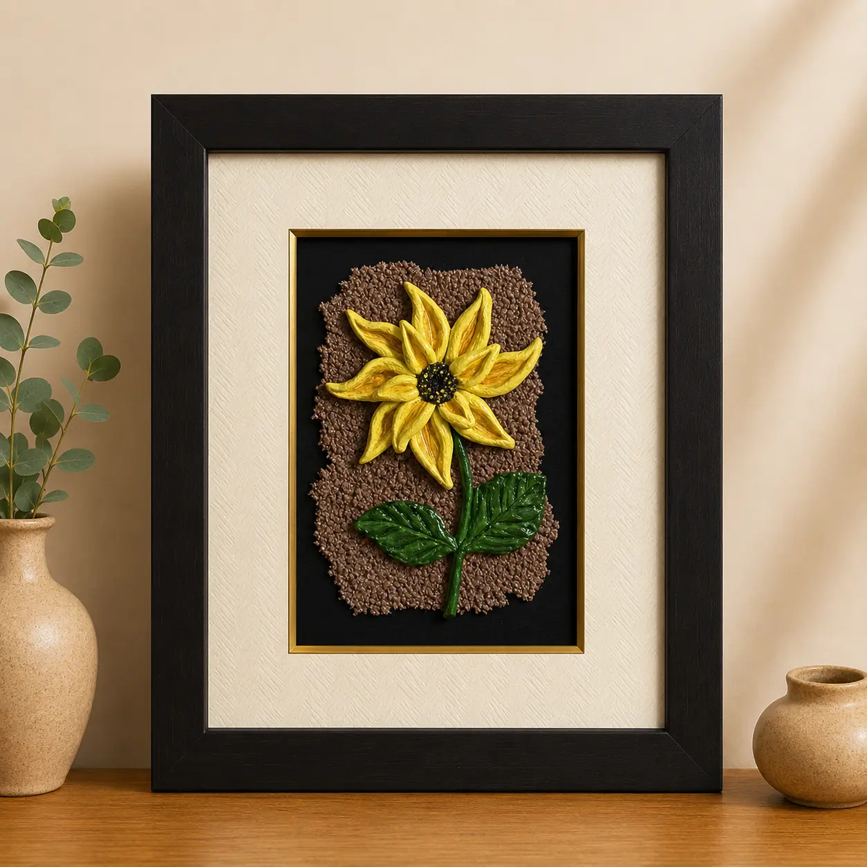 Golden Petals handcrafted clay wall art with yellow floral relief and textured earthy background