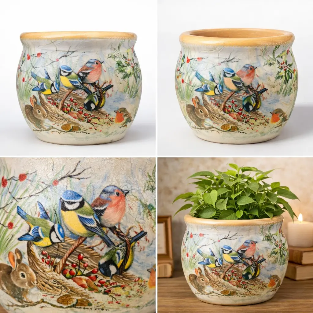 Handmade Blue Anemone Floral Decoupage Ceramic Planter – Decorative Botanical Indoor Plant Pot