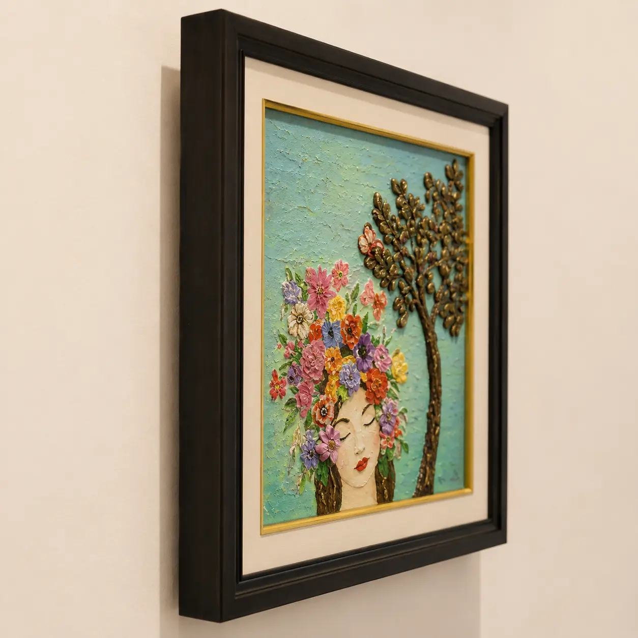 Side-angle view of Blooming Serenity framed texture artwork displaying frame profile, artwork depth, and raised floral textures.