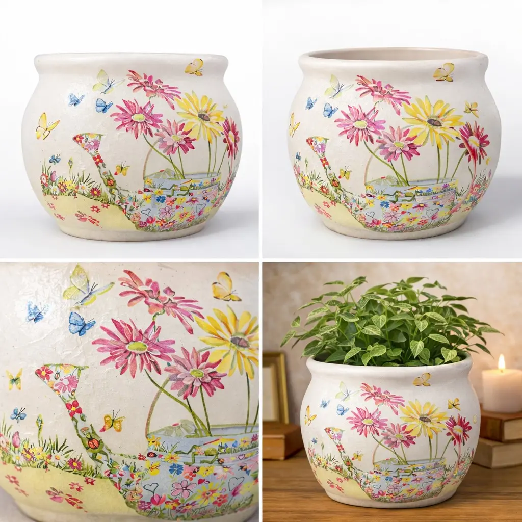 Handmade Garden Watering Can Decoupage Ceramic Planter – Decorative Floral Indoor Plant Pot