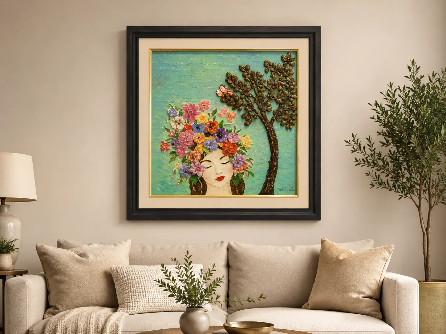 Blooming Serenity framed texture artwork displayed as elegant wall décor in a contemporary interior setting.