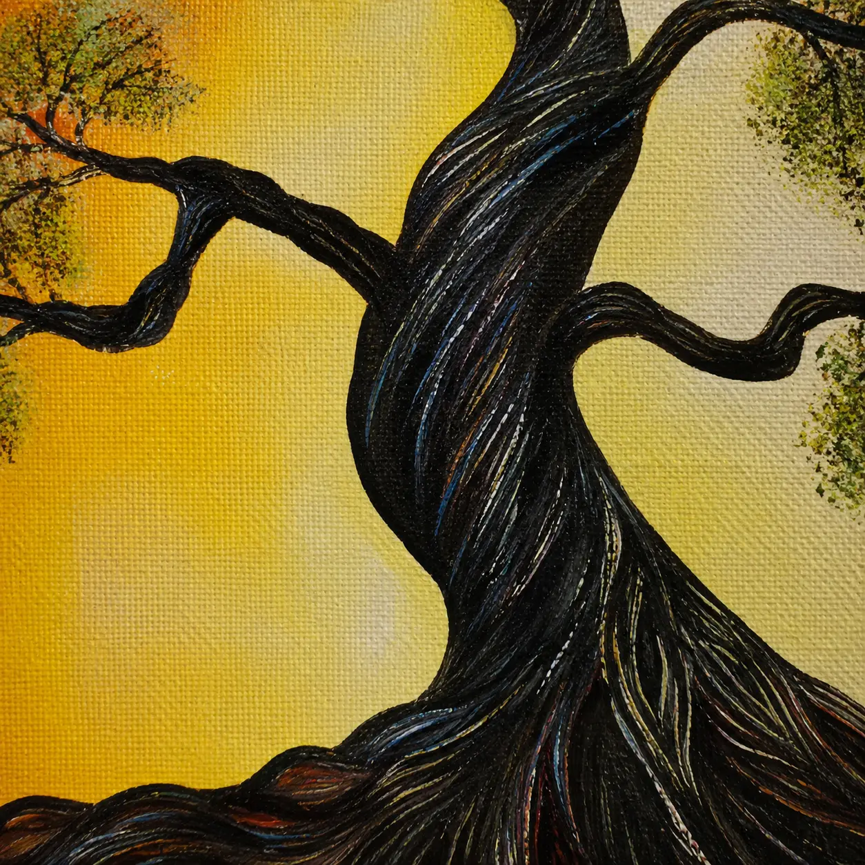 Detailed acrylic brushwork highlighting expressive tree branches and multicolored foliage in Seasons of Life.