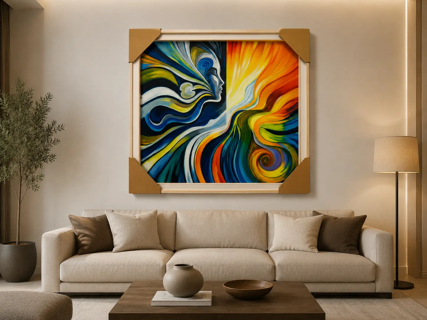 Harmony of Light framed abstract oil painting displayed as statement wall art in a contemporary living room interior.