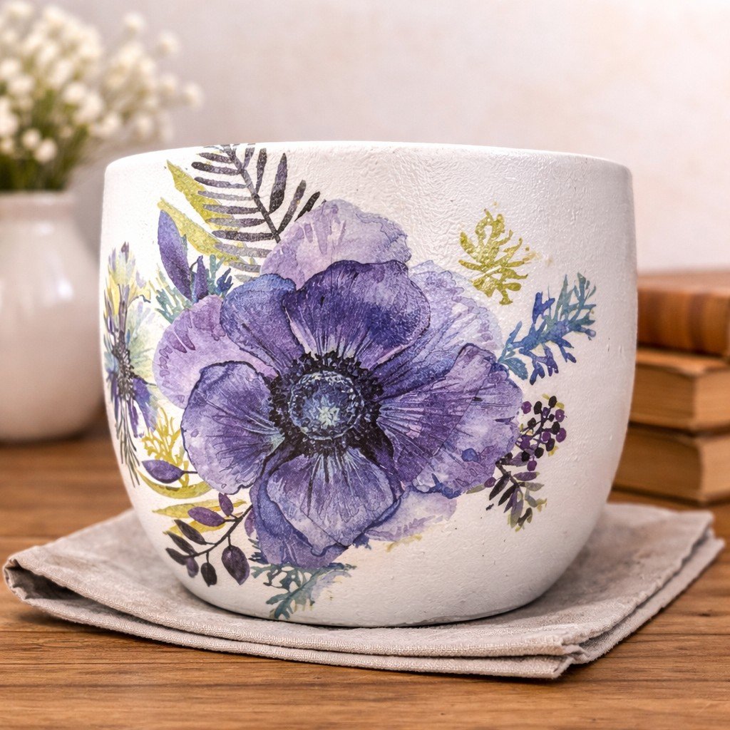 Lavender Bloom PurpleBotanical Decoupage Ceramic Planter – 7" H × 7" D by Billy Craft House