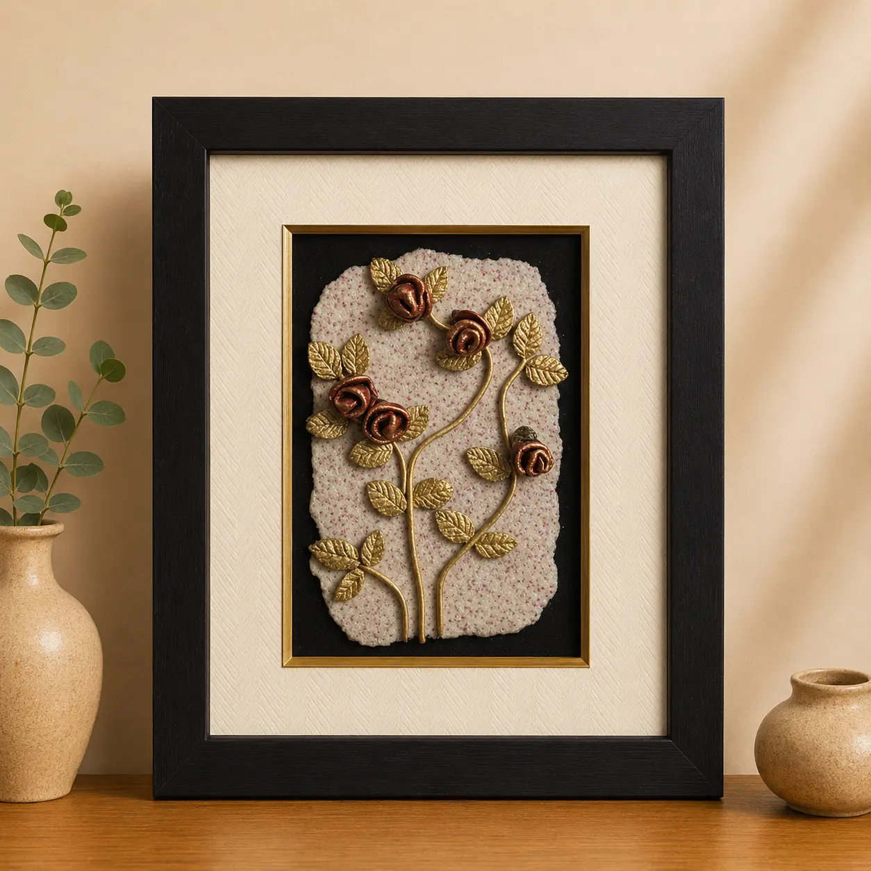 Golden Vine Roses handcrafted clay wall art with metallic rose floral relief and textured artistic background.