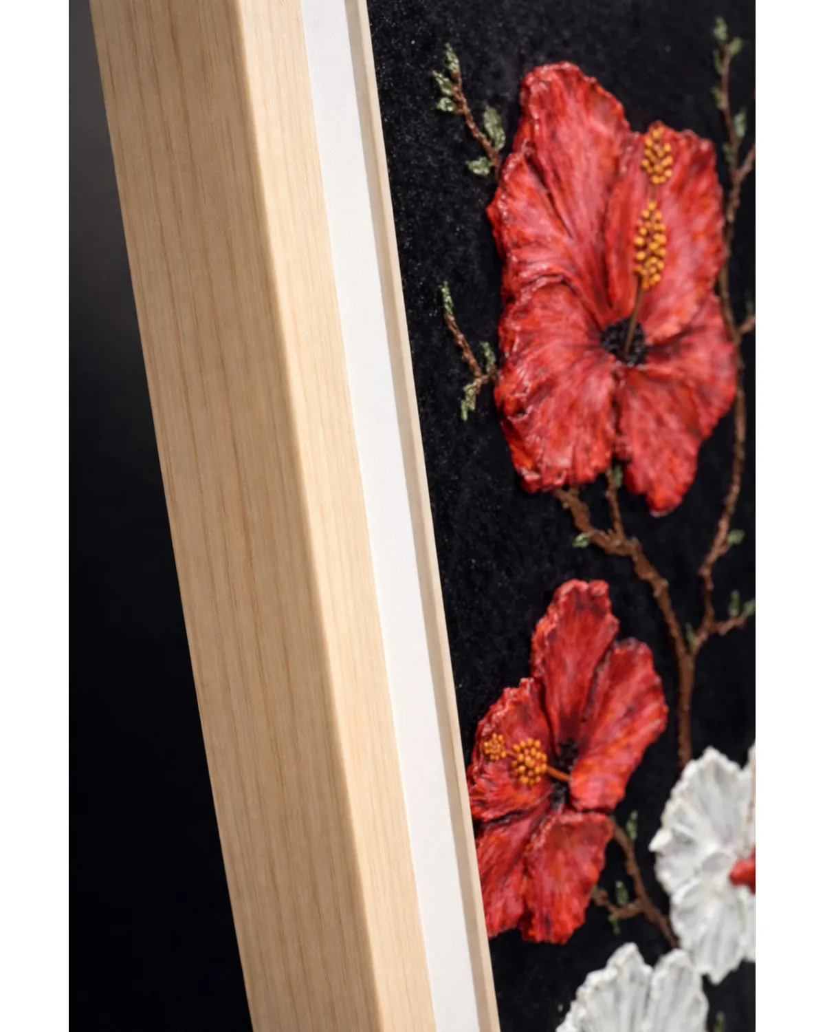 Side view showing frame depth of hibiscus wall artwork