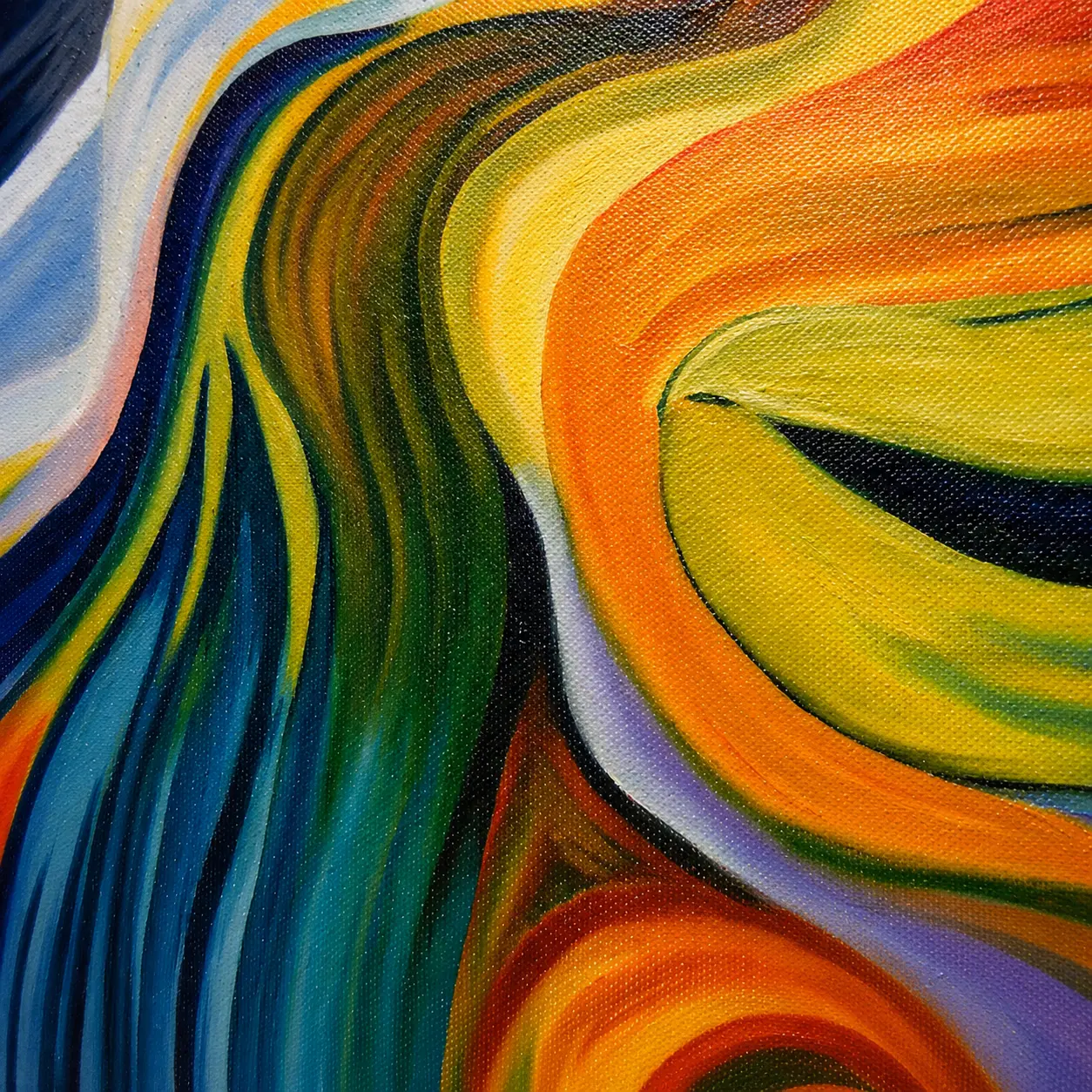 Close-up view of rich oil paint texture and layered color transitions in Harmony of Light abstract oil painting.