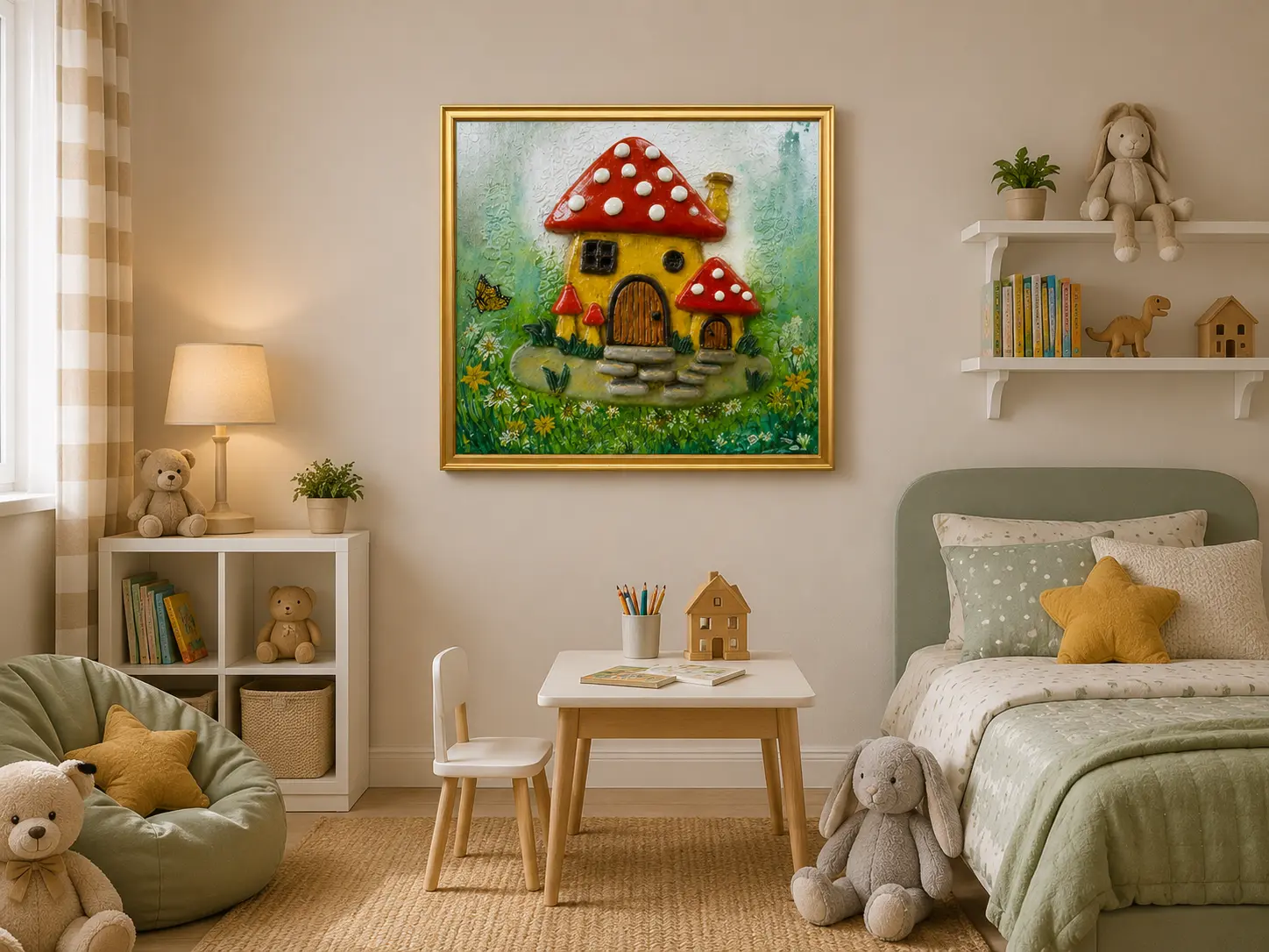 Enchanted Mushroom Cottage framed clay relief artwork displayed as decorative wall art in a cozy interior setting.