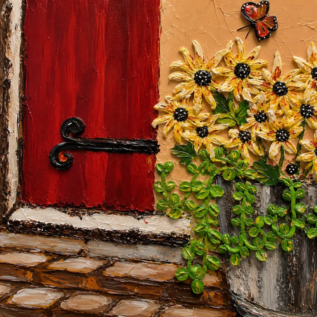 Close-up view of handcrafted floral textures and sculpted details in The Secret Garden Door texture artwork.
