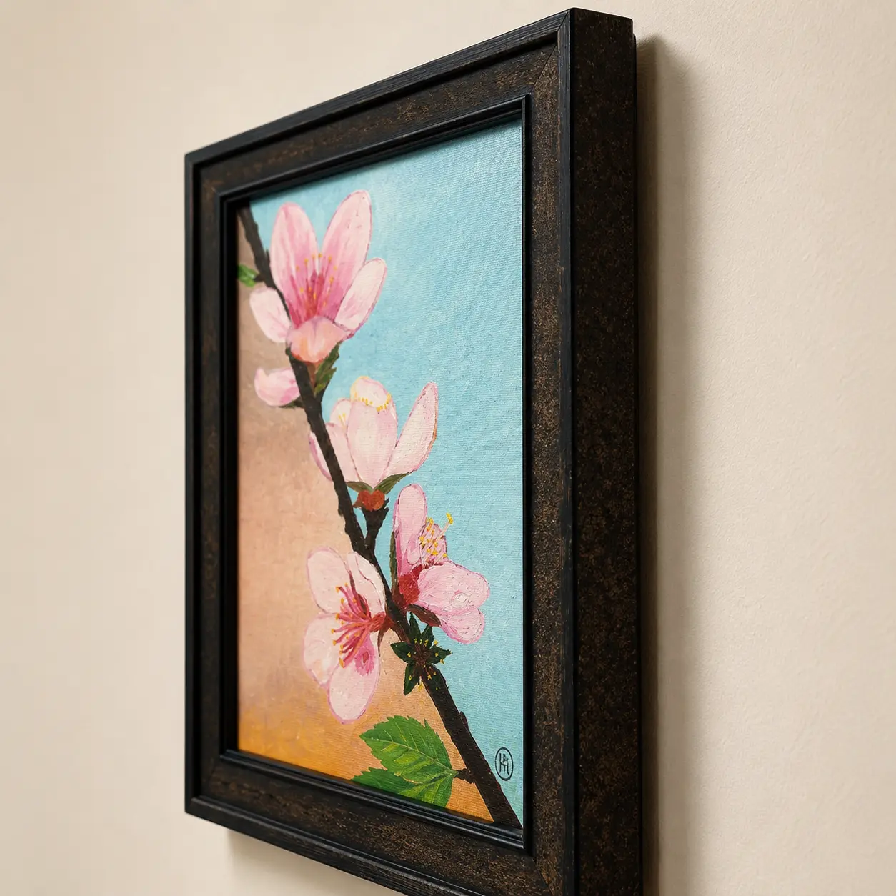 Side-angle view of Spring Whisper framed oil painting displaying frame profile, canvas board depth, and painted texture.