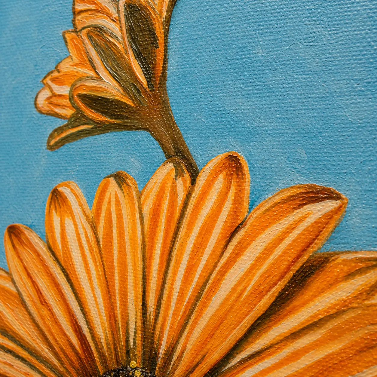 Detailed oil painting texture showcasing layered petal highlights and expressive botanical brushwork in Golden Bloom.