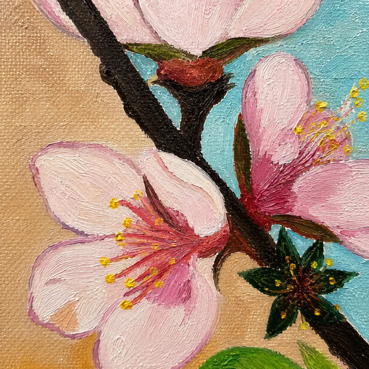 Detailed oil painting texture showcasing layered petals and expressive floral brushwork in Spring Whisper.