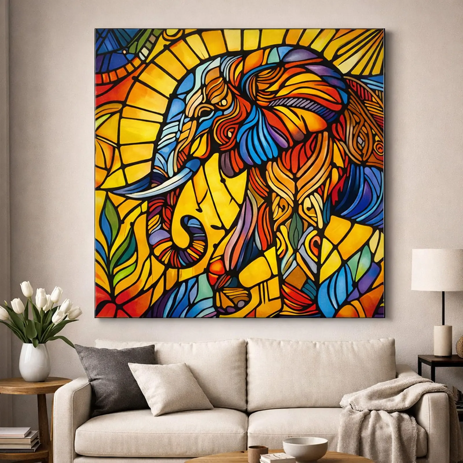Timeless Wisdom elephant painting displayed as wall art in a modern living room interior