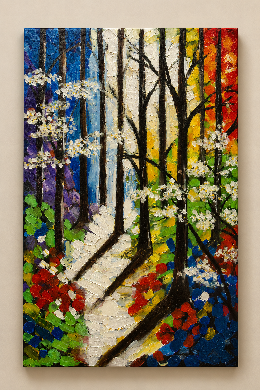 Path of Seasons texture artwork on 28 x 18 inch canvas featuring a colorful forest pathway, blossoming trees, and vibrant seasonal foliage.